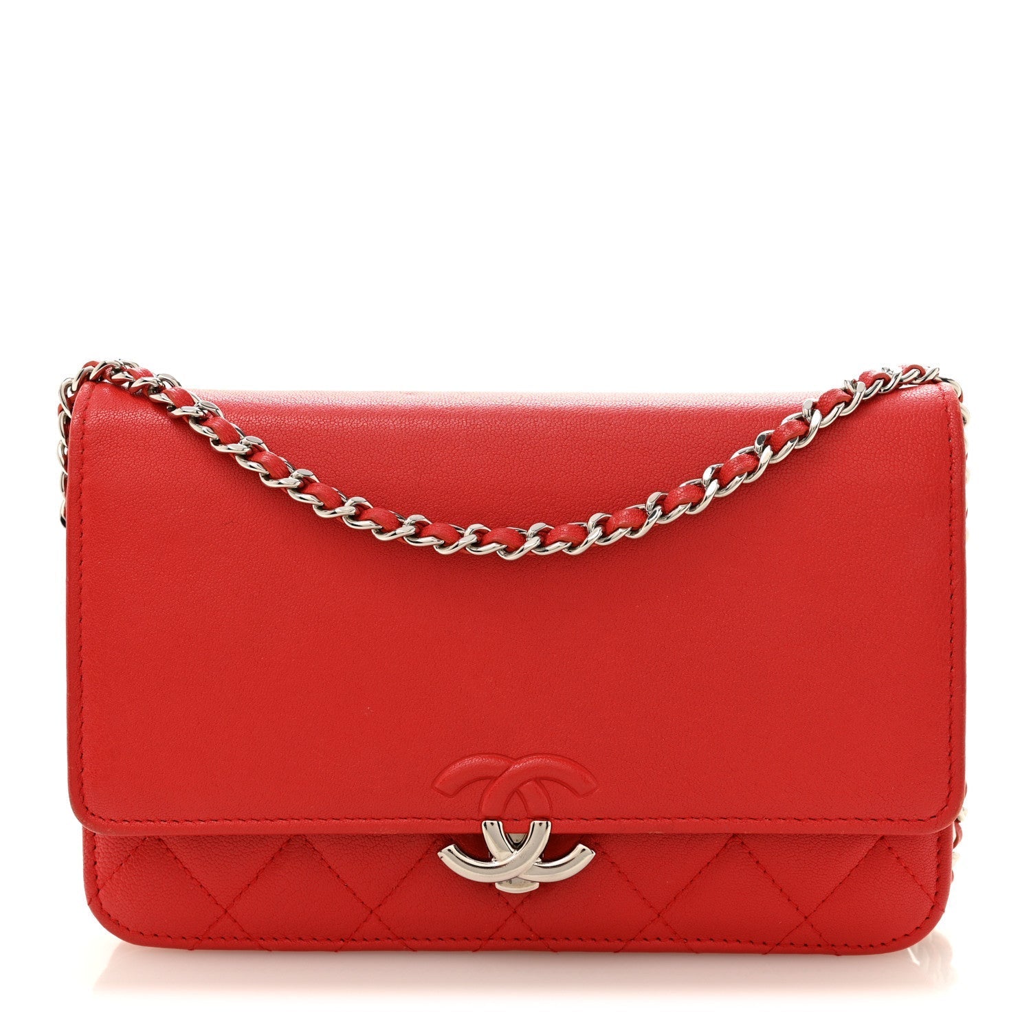 Grained Calfskin Quilted CC Box Wallet On Chain WOC Red