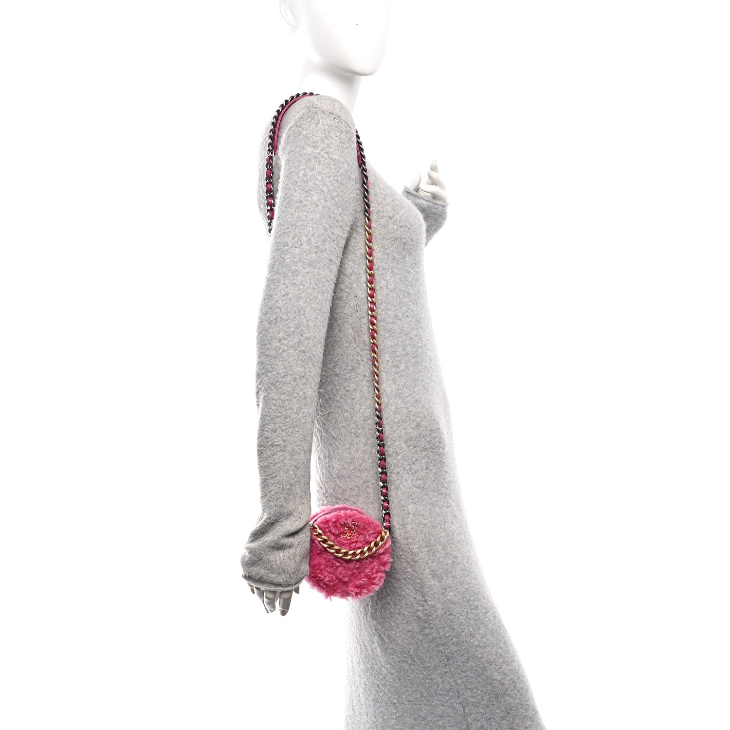 Shearling Sheepskin Chanel 19 Round Clutch With Chain Dark Pink