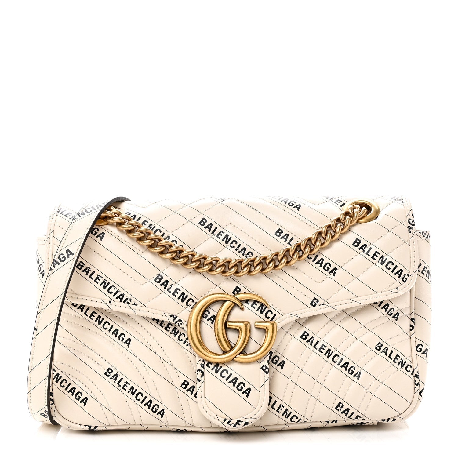 X BALENCIAGA Calfskin Matelasse Logo Print Small GG Marmont Shoulder Bag White