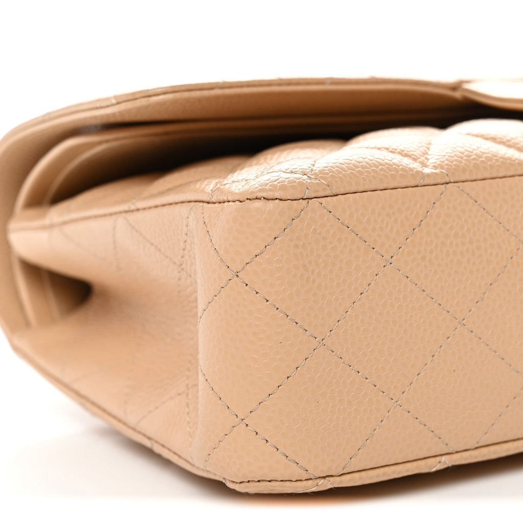 Caviar Quilted Medium Double Flap Beige