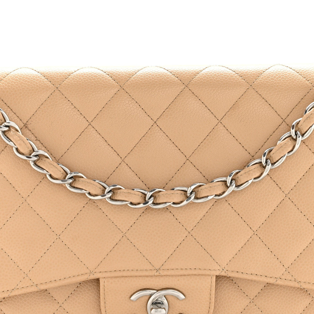 Caviar Quilted Jumbo Double Flap Beige Clair