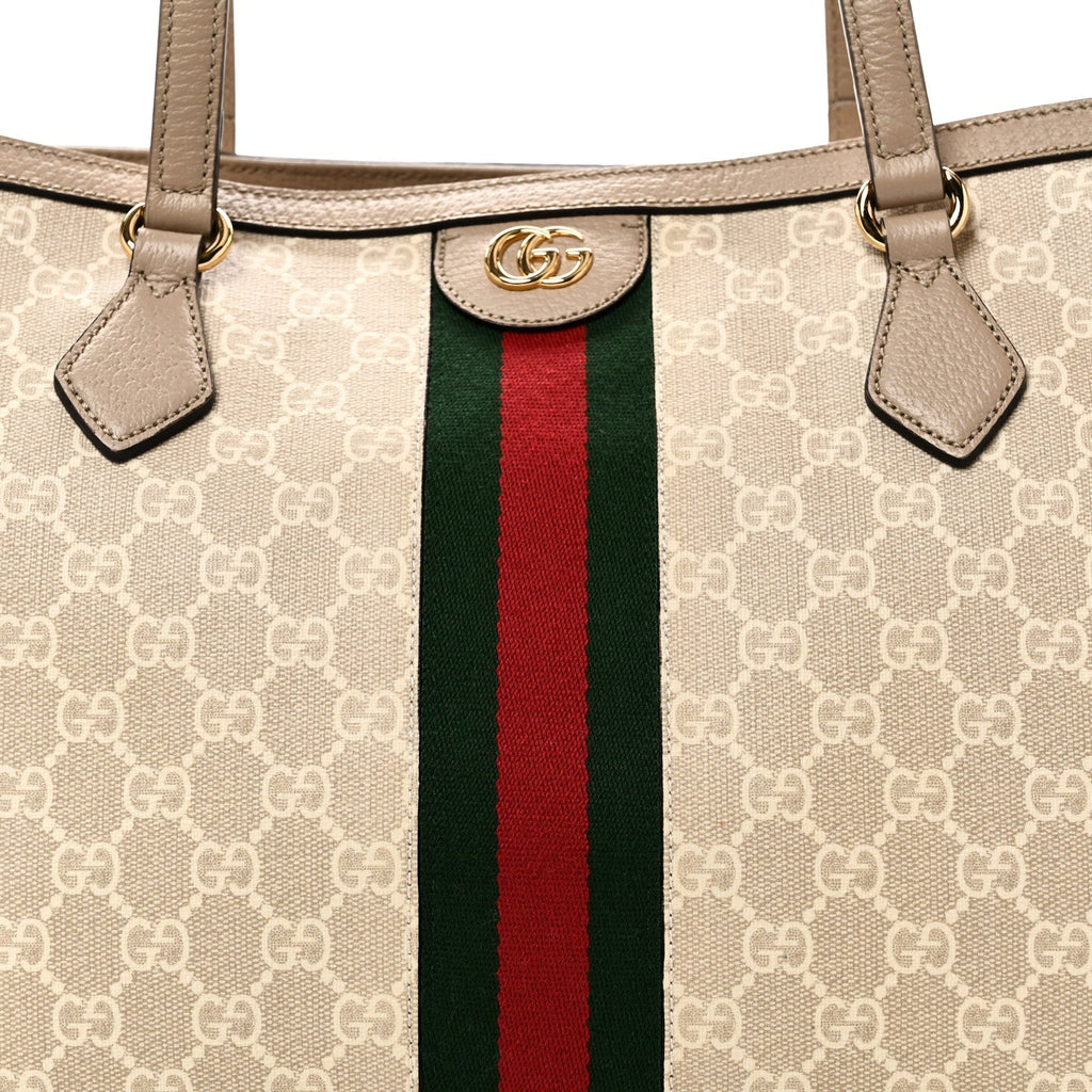 GG Supreme Monogram Textured Dollar Calfskin Web Medium Ophidia Shopping Tote Beige Mystic White Oatmeal
