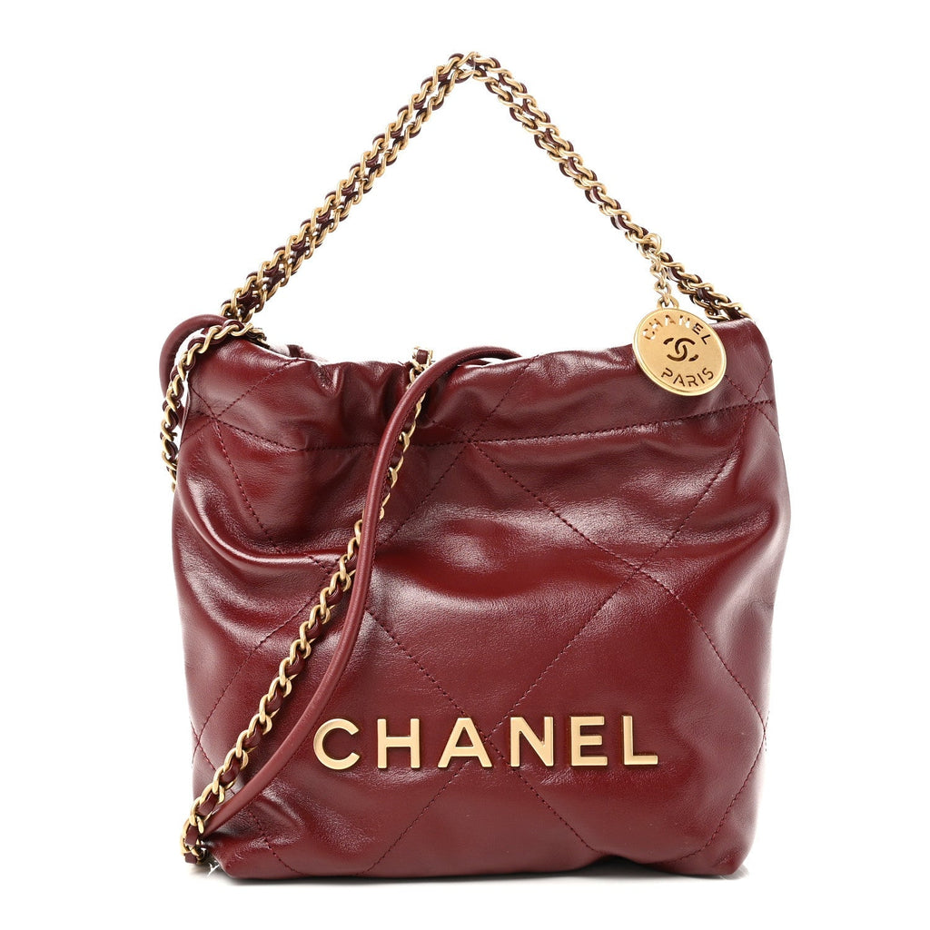 Shiny Calfskin Quilted Mini Chanel 22 Dark Burgundy