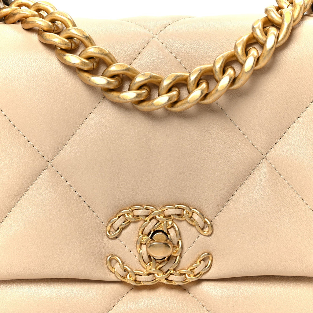Shiny Goatskin Quilted Medium Chanel 19 Flap Beige