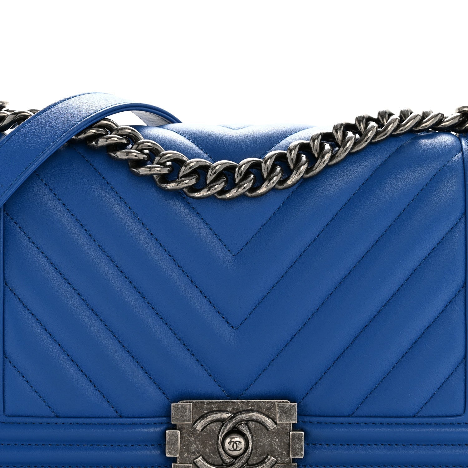 Calfskin Chevron Quilted Medium Boy Flap Blue