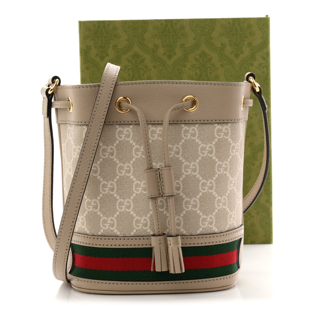 GG Supreme Monogram Textured Calfskin Web Mini Ophidia Bucket Bag Beige Ebony Mystic White Oatmeal