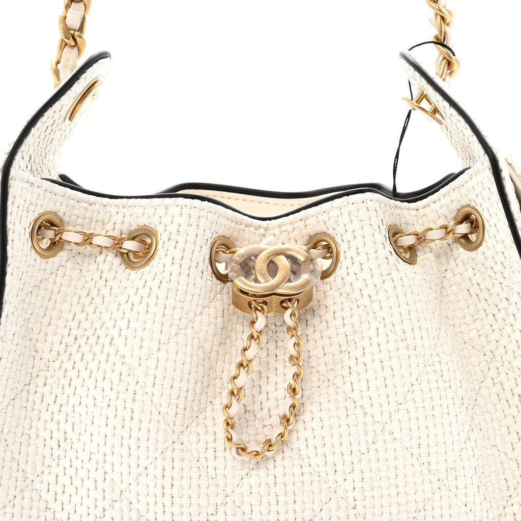 Braided Raffia Calfskin Mini Chanel 25 Handbag White Black