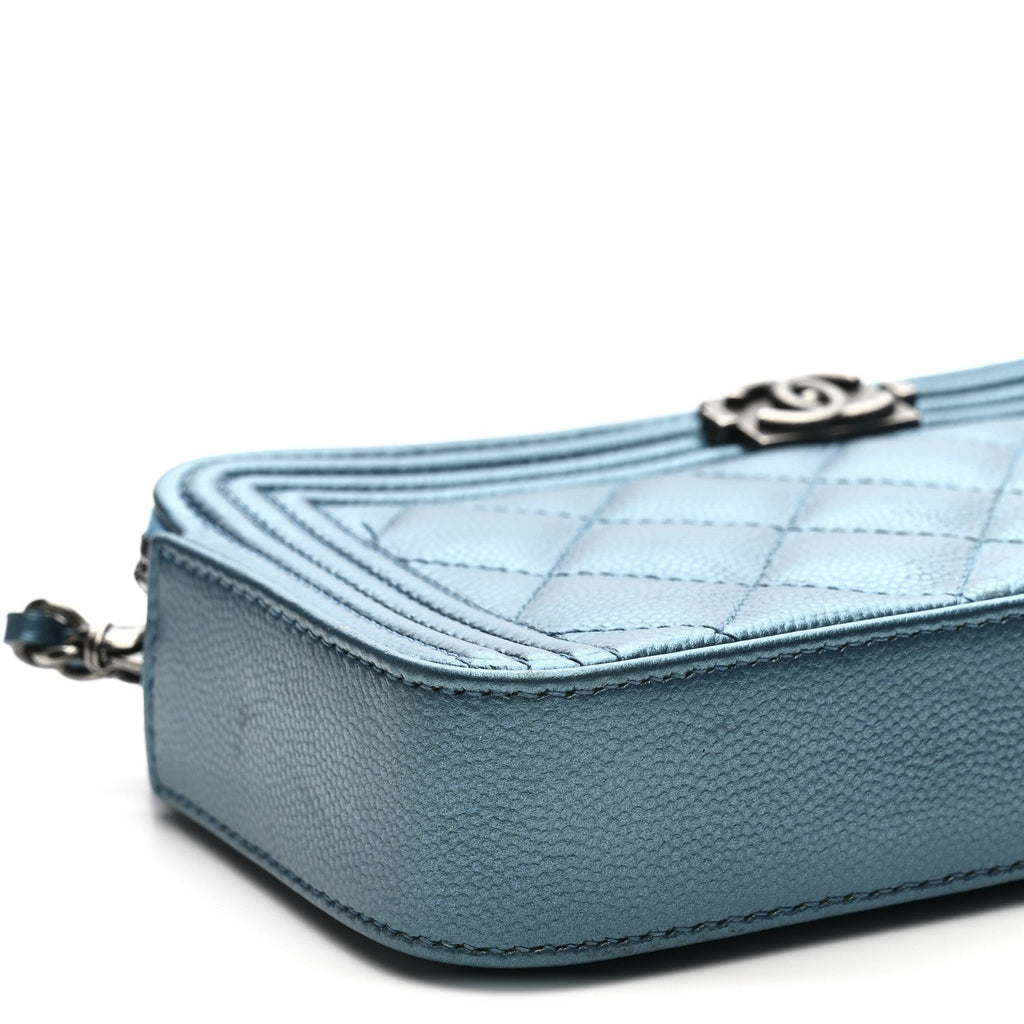 Metallic Caviar Quilted Small Boy Clutch With Chain Turquoise