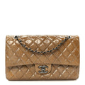 Crinkled Patent Quilted Medium Double Flap Beige