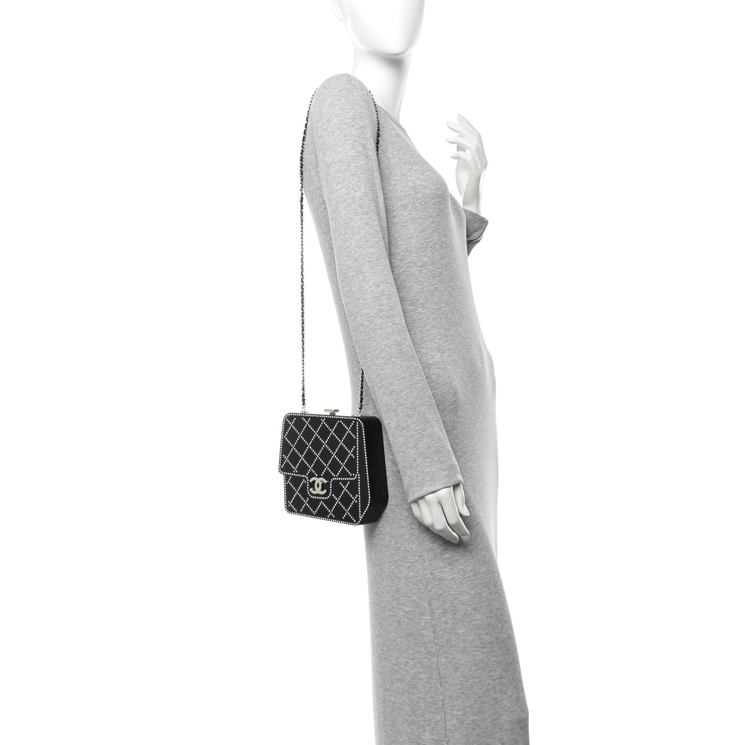 Plexiglass Crystal Quilted Minaudiere Clutch Black White