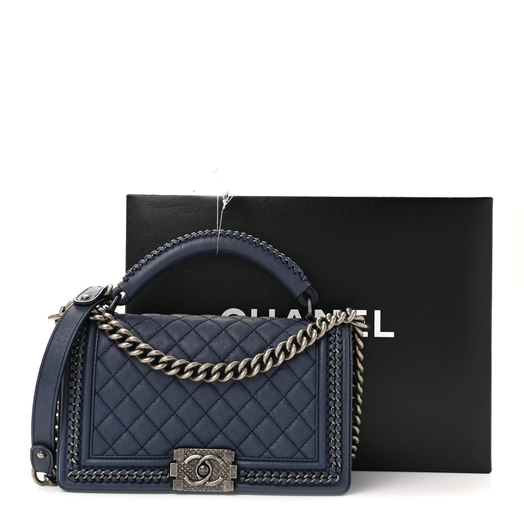 Lambskin Quilted Medium Top Handle Boy Flap Blue