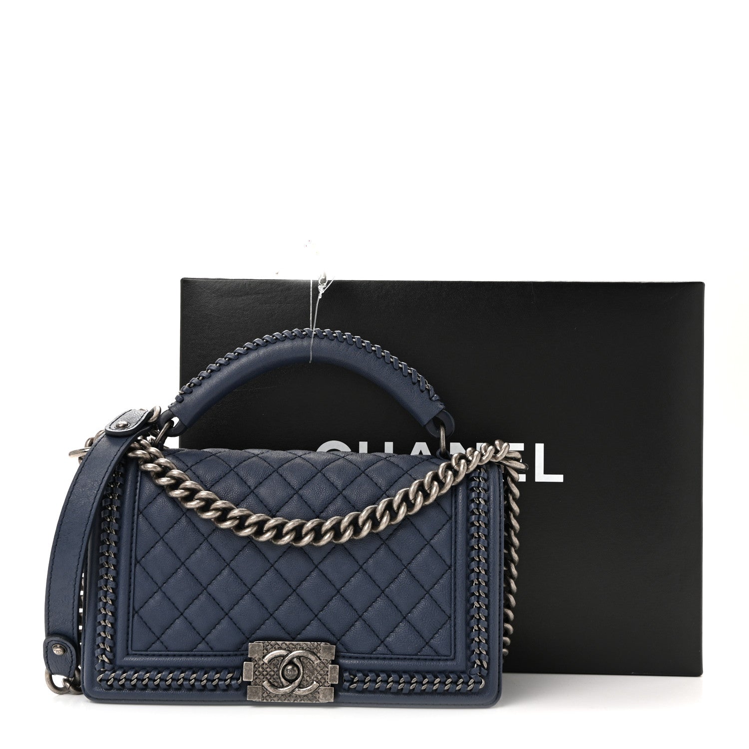 Lambskin Quilted Medium Top Handle Boy Flap Blue