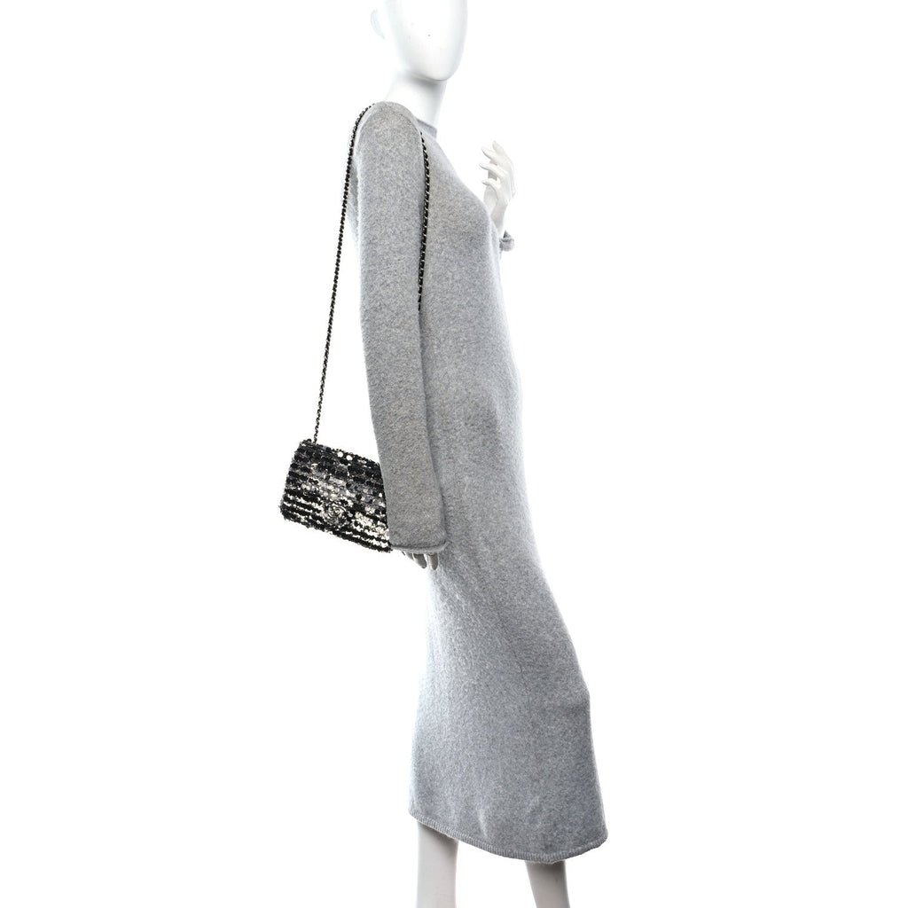 Sequin Camellia Small Single Flap Silver Black