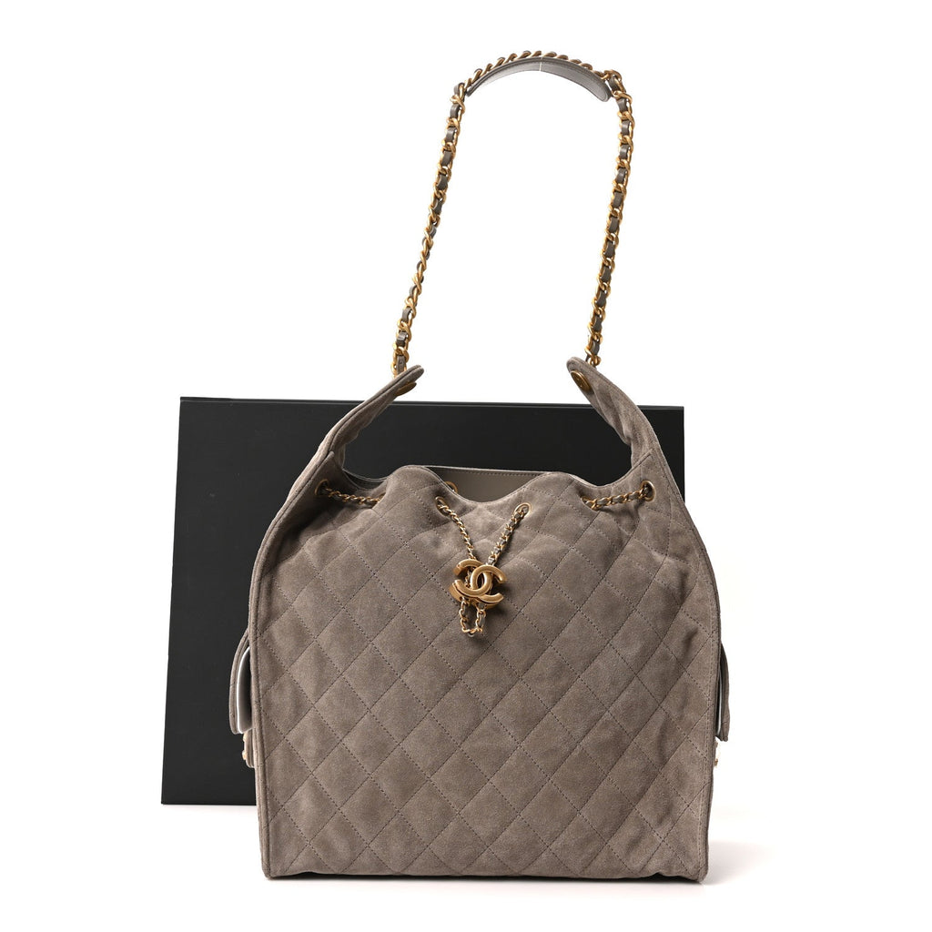 Suede Quilted Medium Chanel 25 Handbag Dark Grey