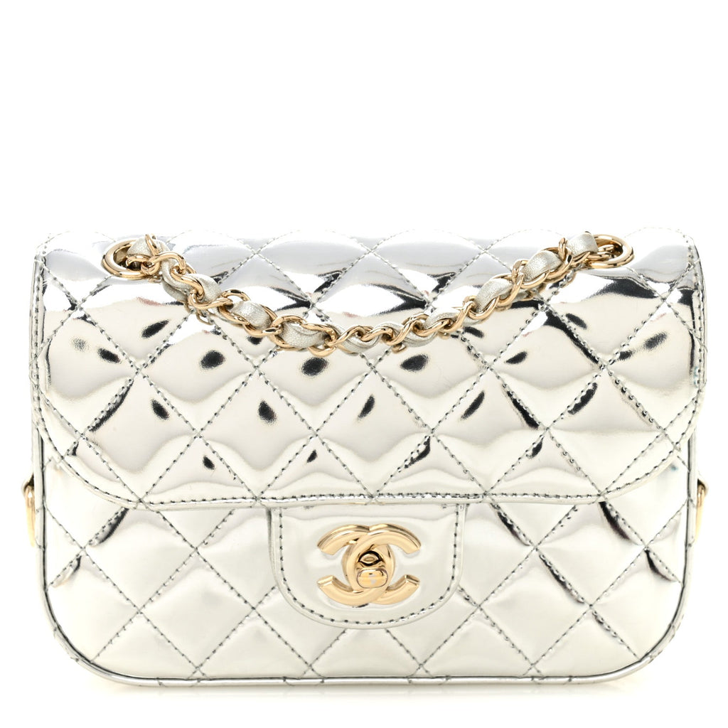 Mirror Calfskin Metallic Calfskin Quilted Hollywood Boulevard Mini Flap With Star Coin Purse Silver