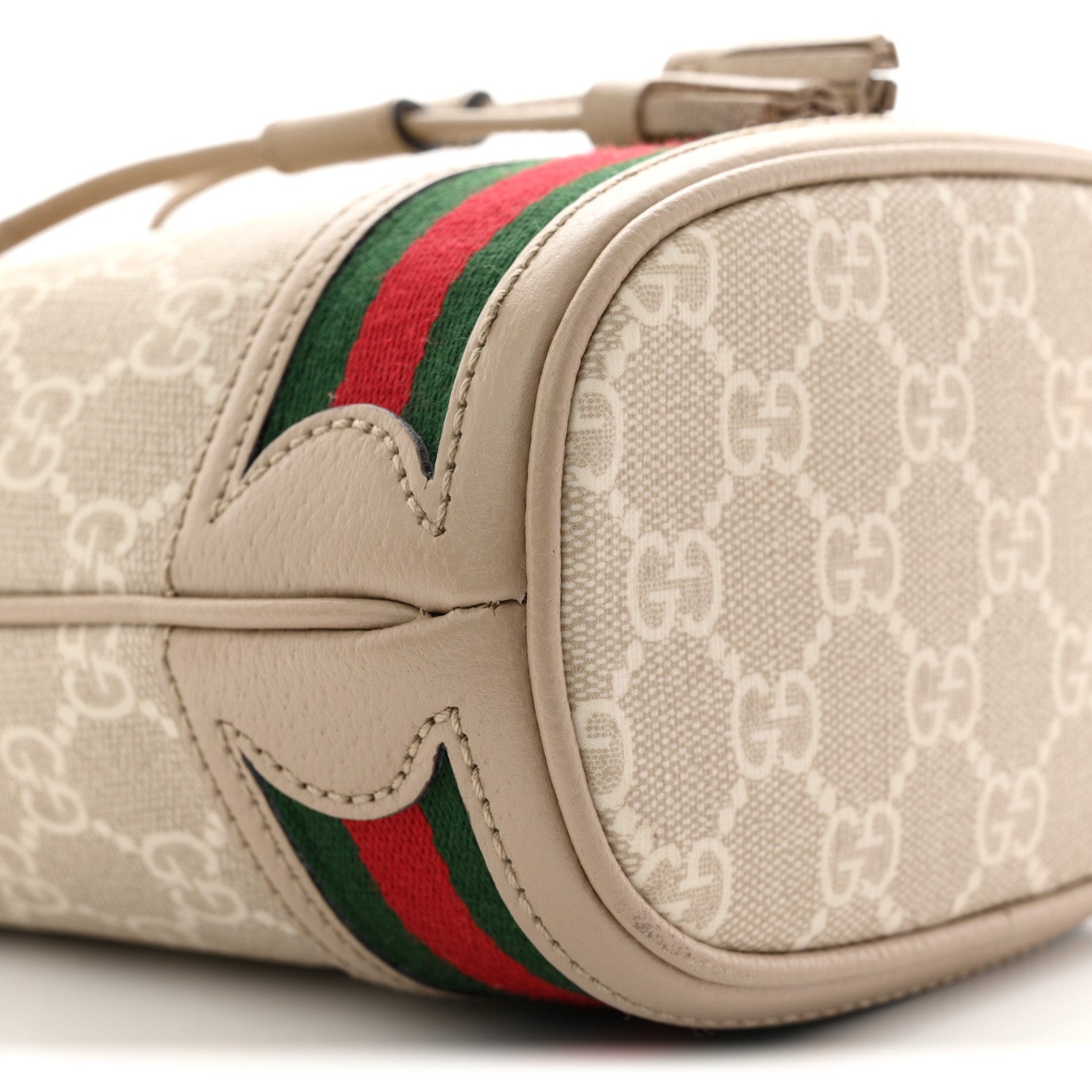 GG Supreme Monogram Textured Calfskin Web Mini Ophidia Bucket Bag Beige Ebony Mystic White Oatmeal