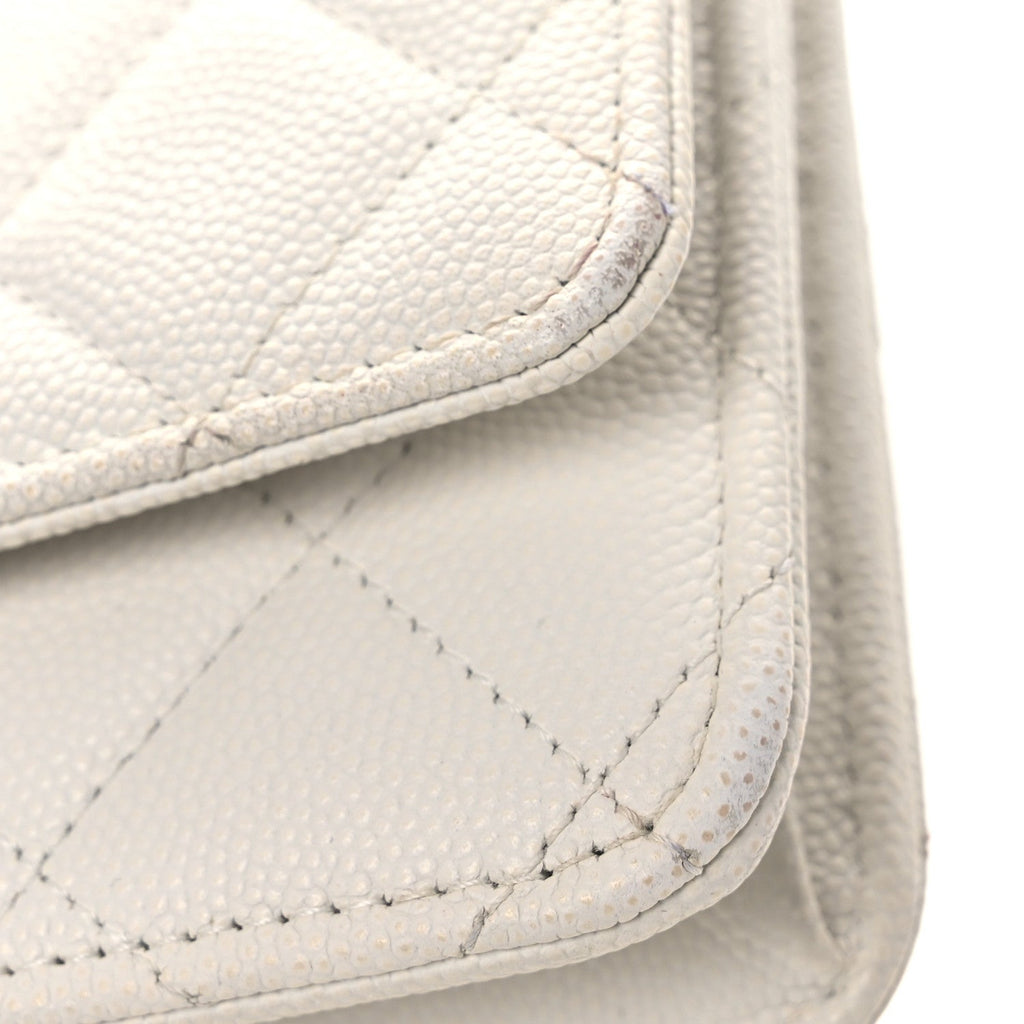 Caviar Quilted Perforated Metal CC Wallet On Chain WOC White