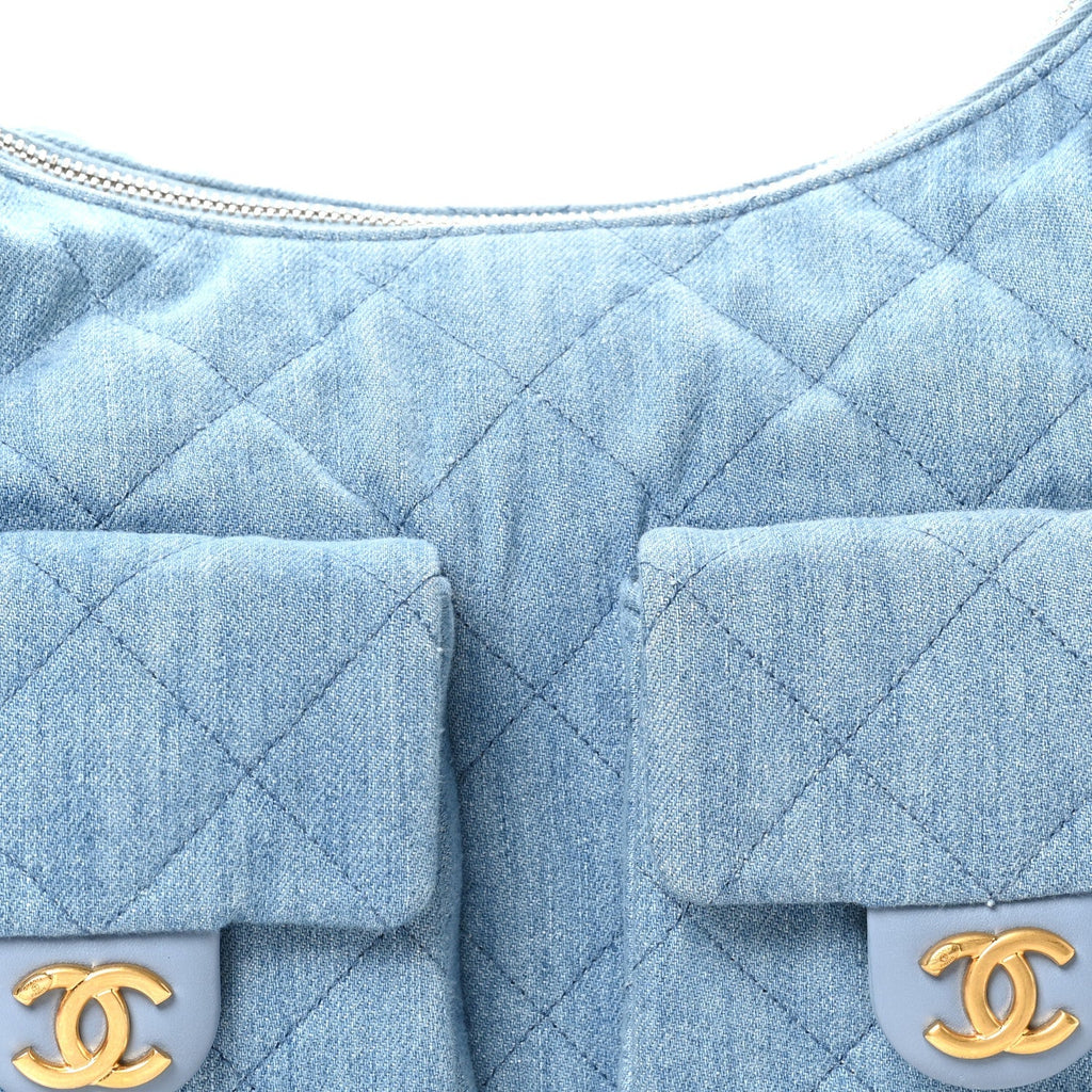 Washed Denim Quilted Large Trendy Pockets Hobo Blue