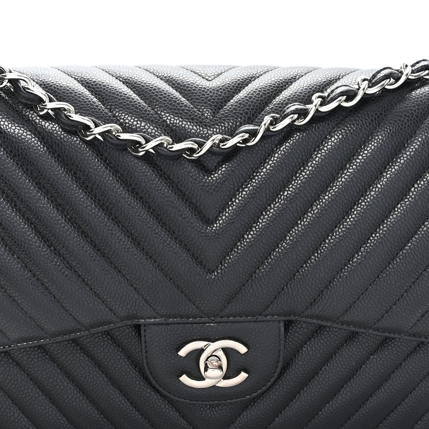 Caviar Chevron Quilted Jumbo Double Flap Black