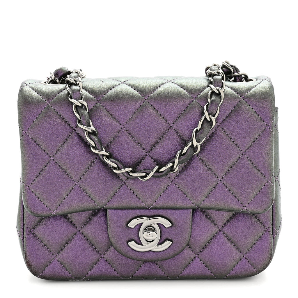 Iridescent Lambskin Quilted Mini Square Flap Dark Purple