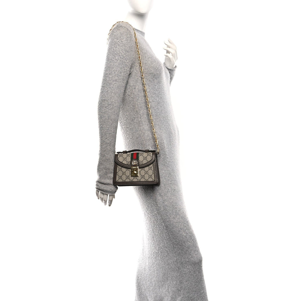 GG Supreme Monogram Textured Dollar Calfskin Web Mini Ophidia Padlock Top Handle Chain Shoulder Bag Beige Ebony New Acero