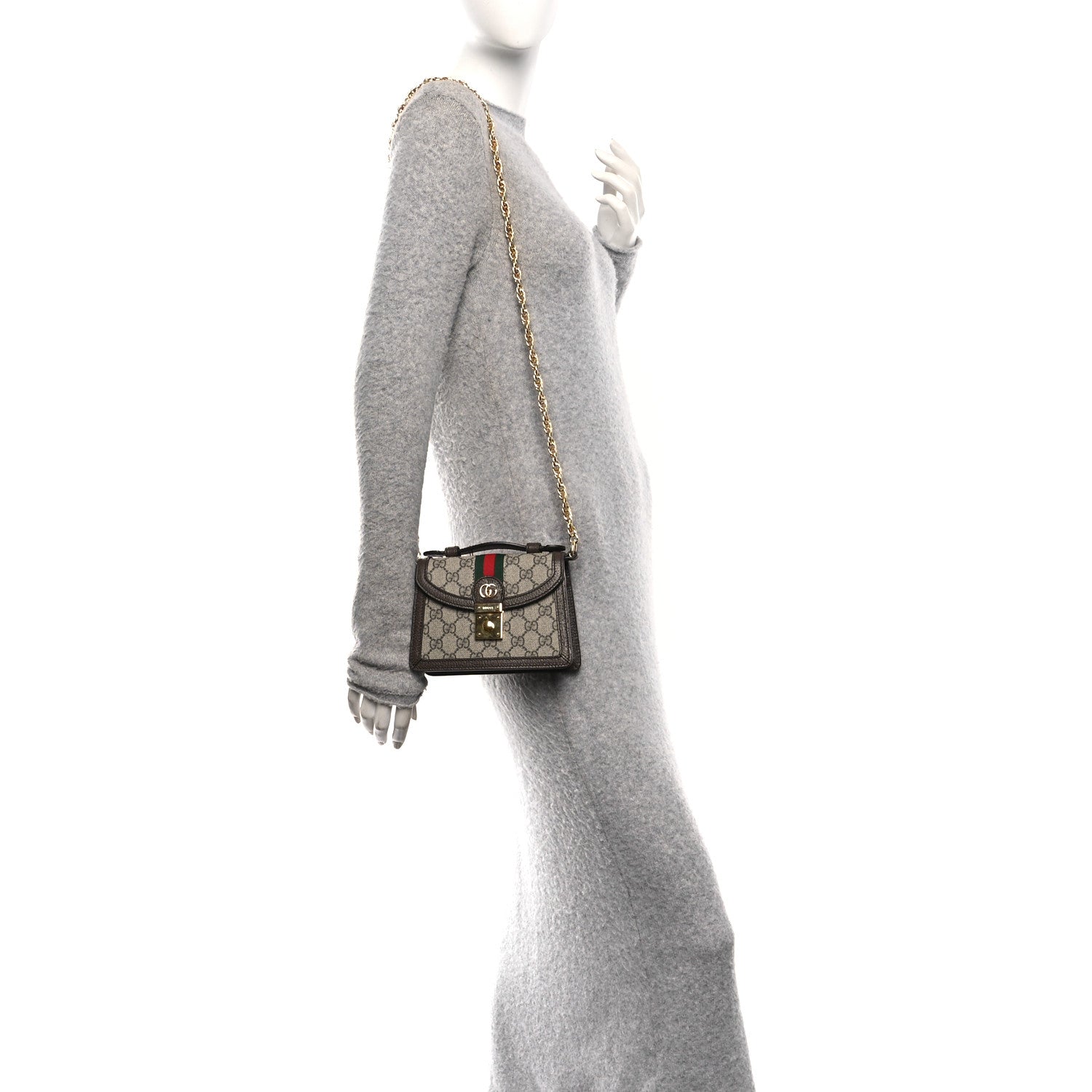 GG Supreme Monogram Textured Dollar Calfskin Web Mini Ophidia Padlock Top Handle Chain Shoulder Bag Beige Ebony New Acero