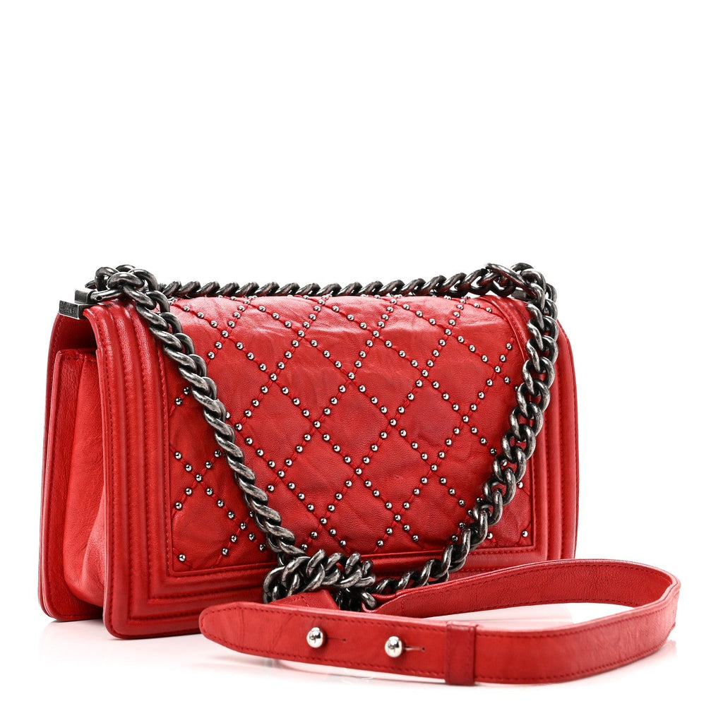 Crumpled Lambskin Small Studded Boy Flap Red