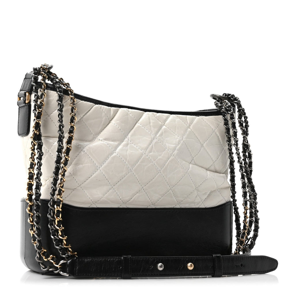 Aged Calfskin Quilted Medium Gabrielle Hobo Black White