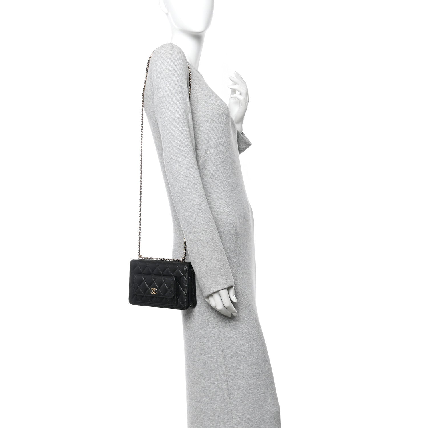 Caviar Quilted Pocket Clutch With Chain WOC Black