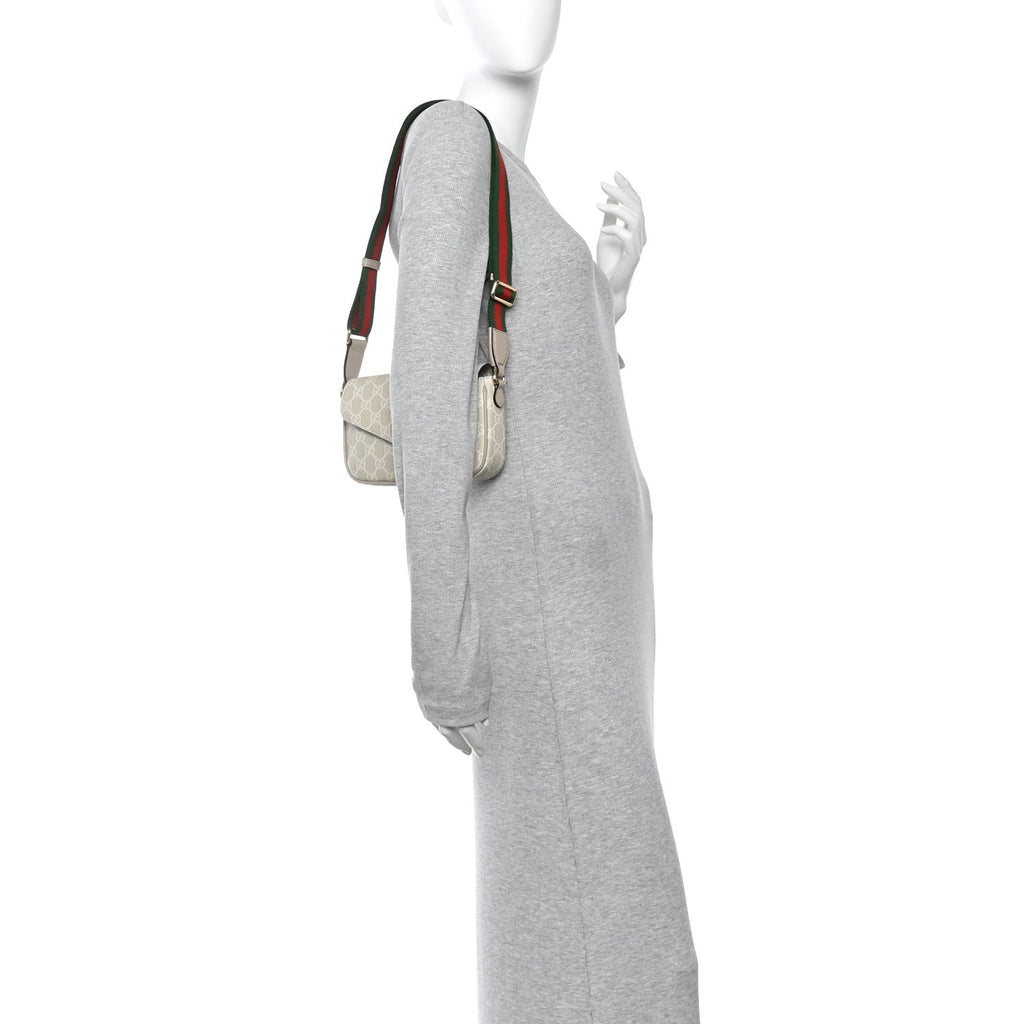 GG Supreme Monogram Textured Dollar Calfskin Web Mini Ophidia Envelope Shoulder Bag Beige Mystic White Oatmeal
