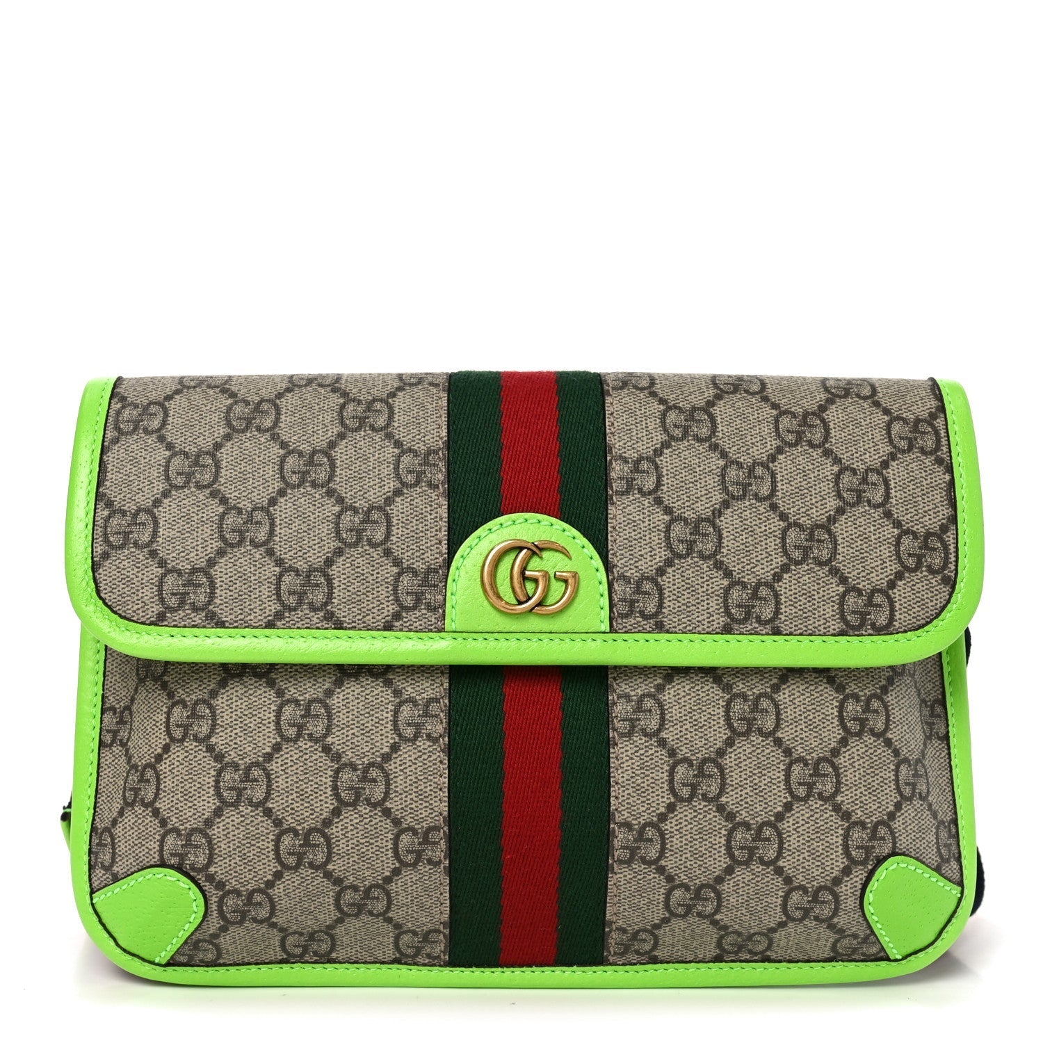 GG Supreme Monogram Web Small Ophidia Belt Bag Beige Ebony Electric Green