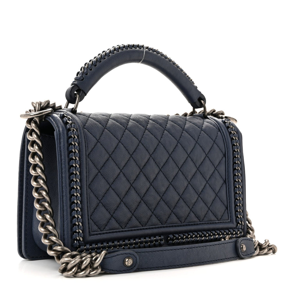 Lambskin Quilted Medium Top Handle Boy Flap Blue