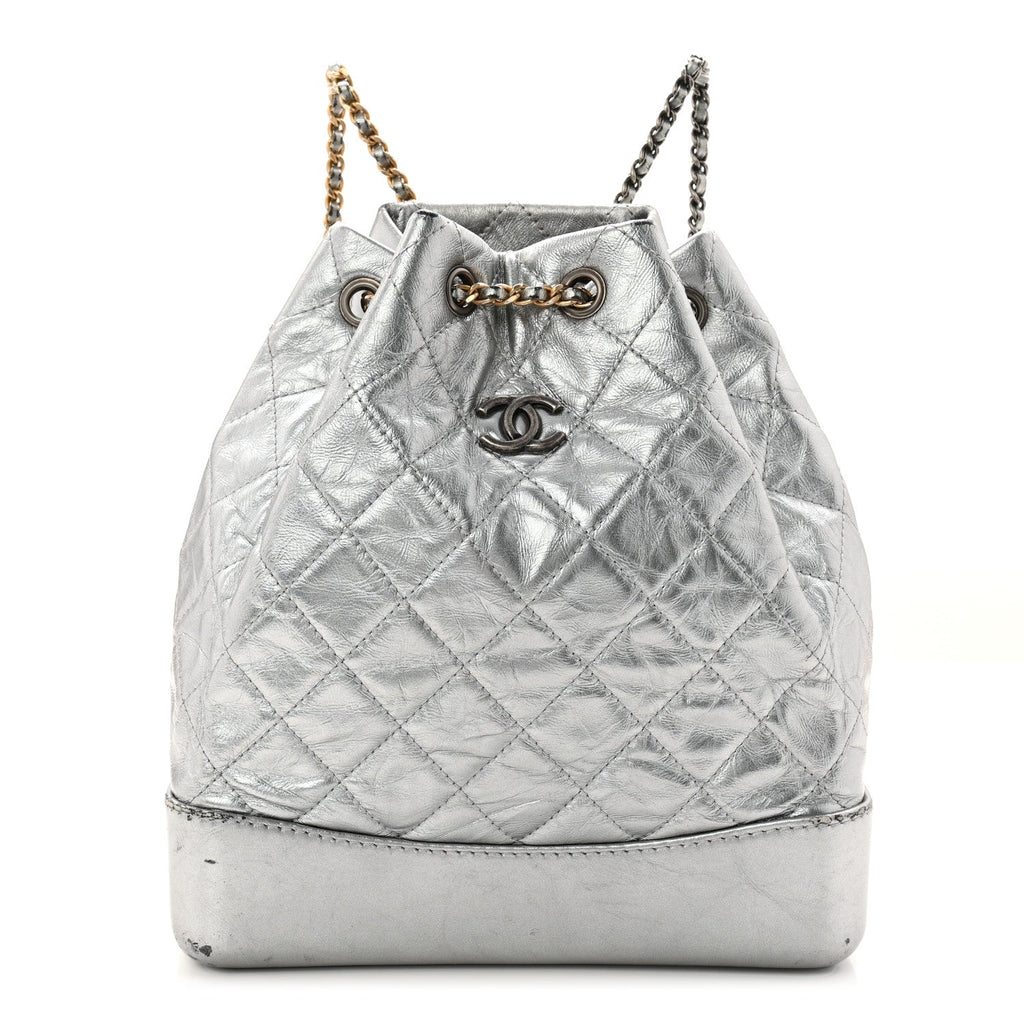 Metallic Crumpled Calfskin Quilted Small Gabrielle Backpack Silver