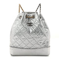 Metallic Crumpled Calfskin Quilted Small Gabrielle Backpack Silver
