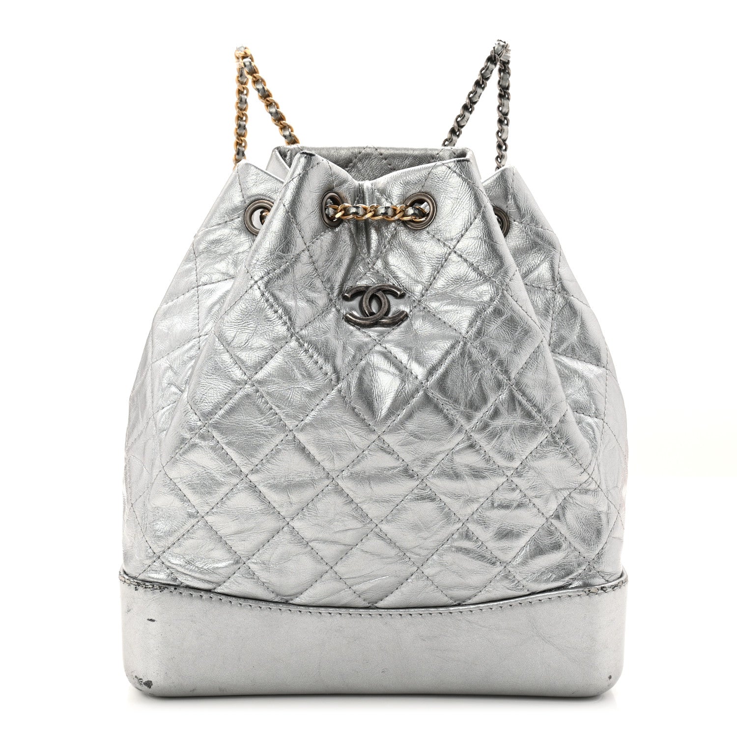Metallic Crumpled Calfskin Quilted Small Gabrielle Backpack Silver