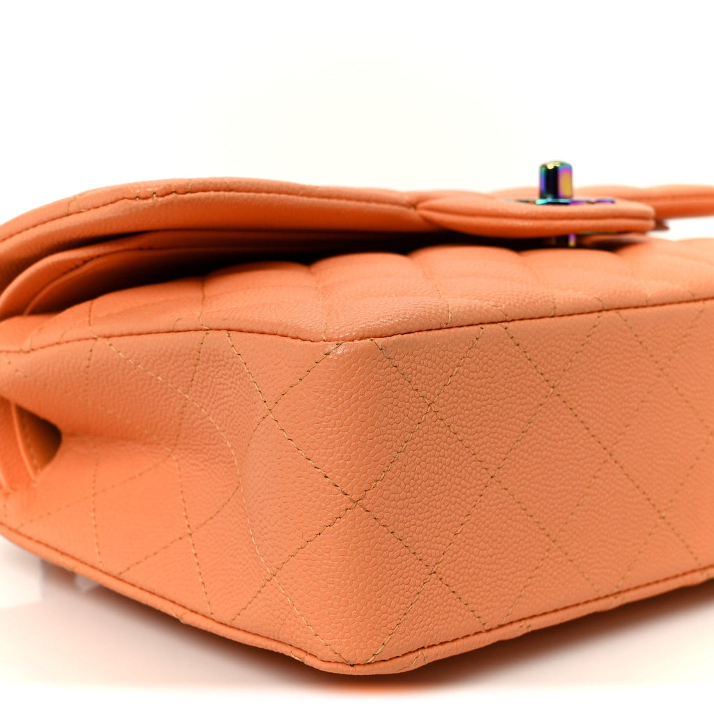 Caviar Quilted Rainbow CC Small Double Flap Orange