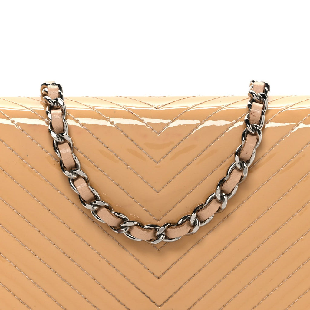 Patent Calfskin Chevron Quilted Wallet On Chain WOC Beige