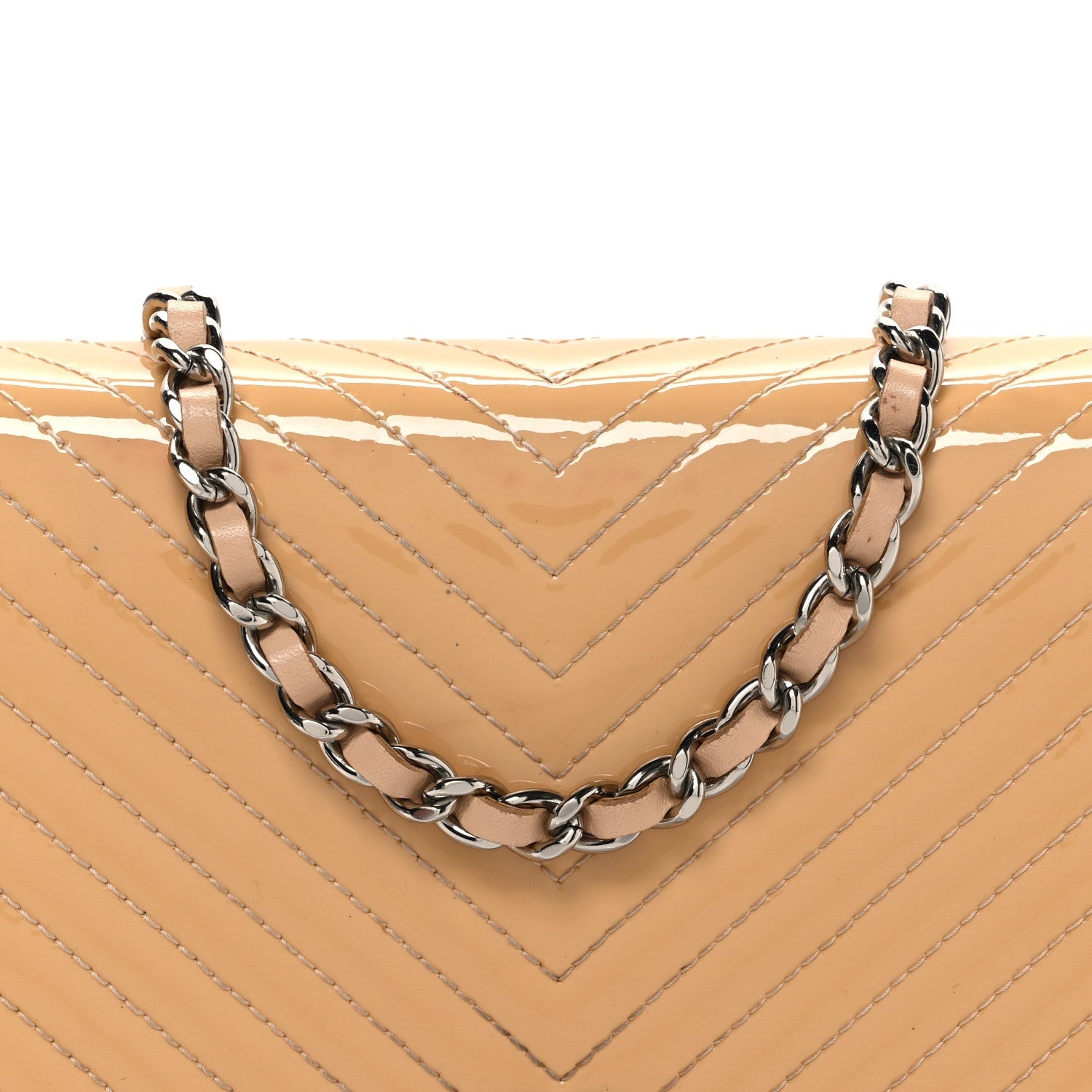 Patent Calfskin Chevron Quilted Wallet On Chain WOC Beige