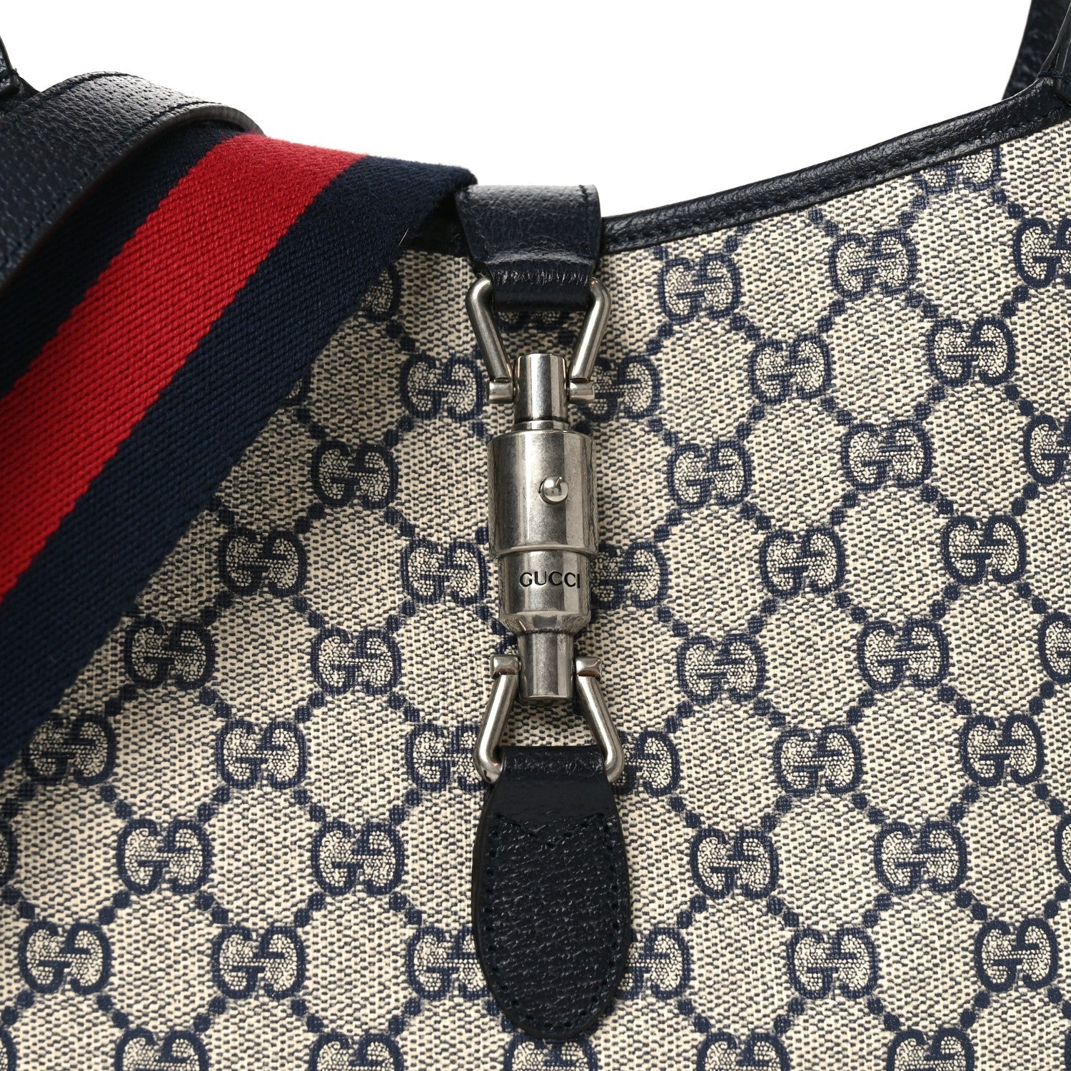 GG Supreme Monogram Textured Dollar Calfskin Web Small Jackie 1961 Hobo Beige Blue