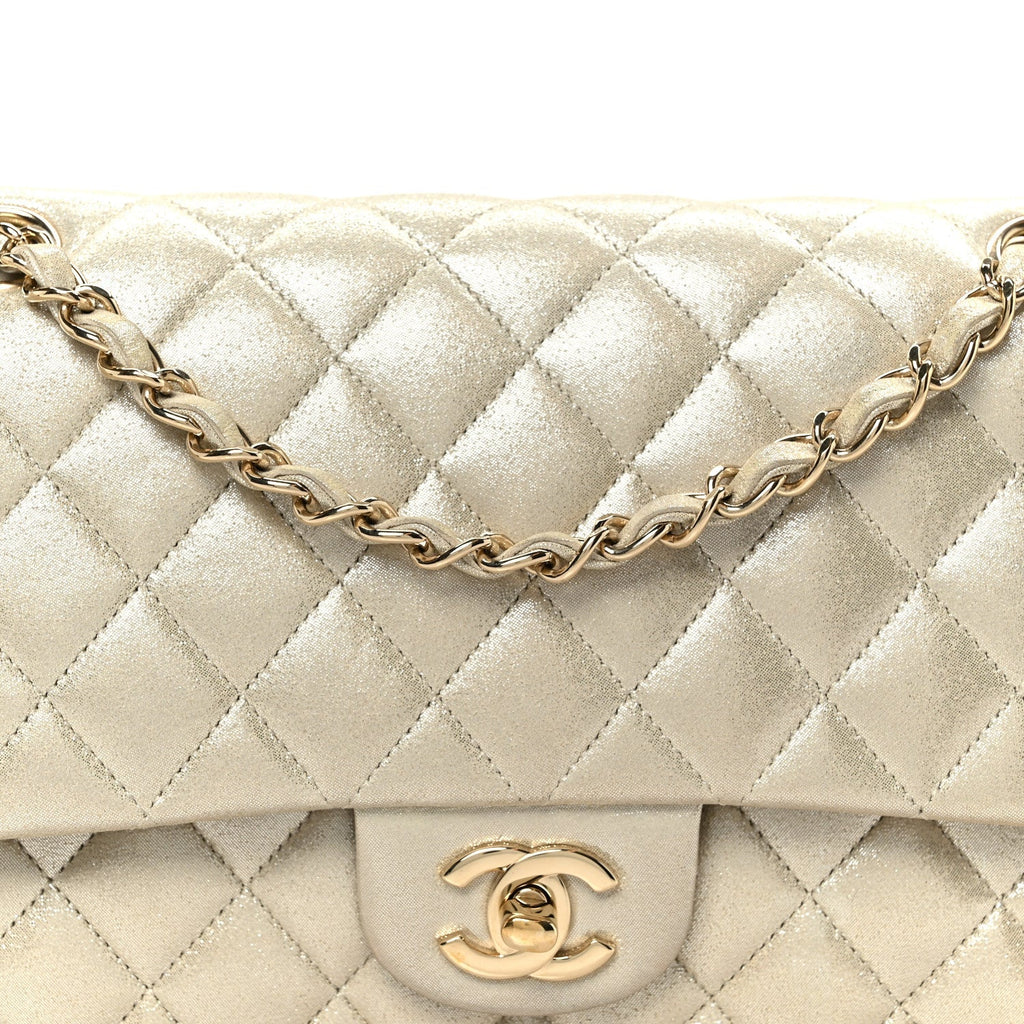 Metallic Canvas Quilted Medium Double Flap Light Gold