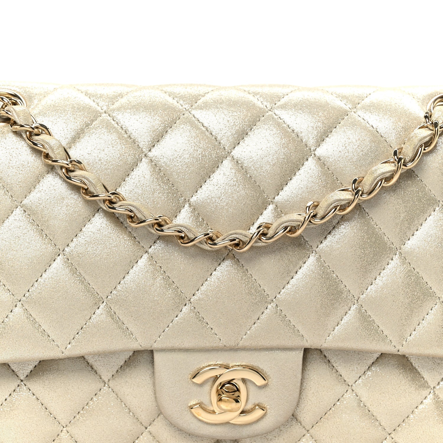 Metallic Canvas Quilted Medium Double Flap Light Gold
