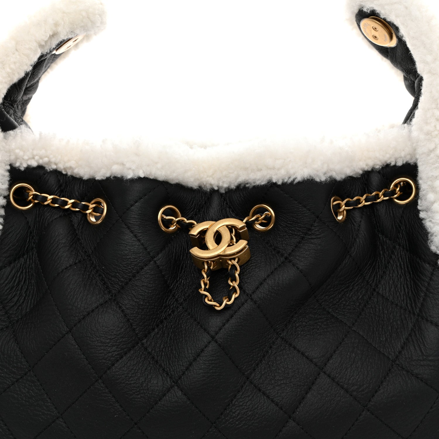 Crumpled Sheepskin Shearling Quilted Small Chanel 25 Handbag Black White