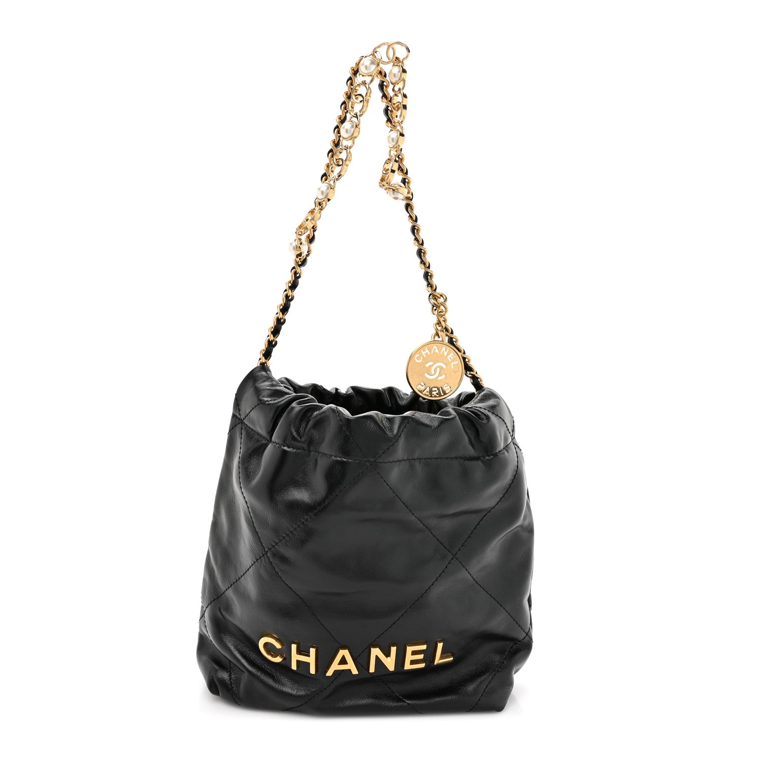 Shiny Calfskin Quilted Pearl CC Chain Mini Chanel 22 Black