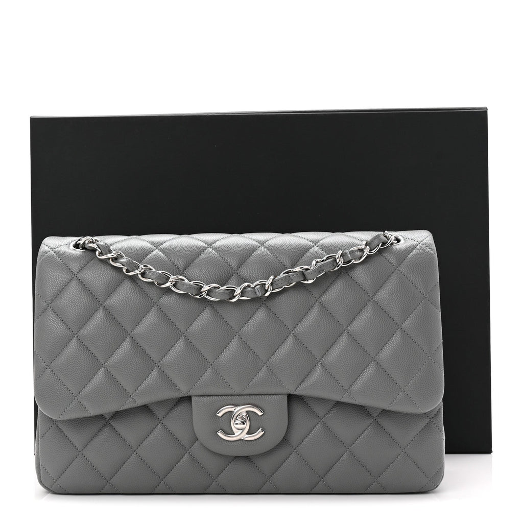 Caviar Quilted Jumbo Double Flap Grey