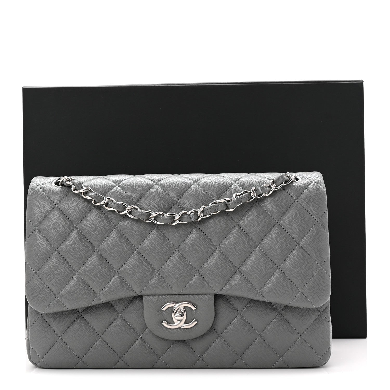 Caviar Quilted Jumbo Double Flap Grey