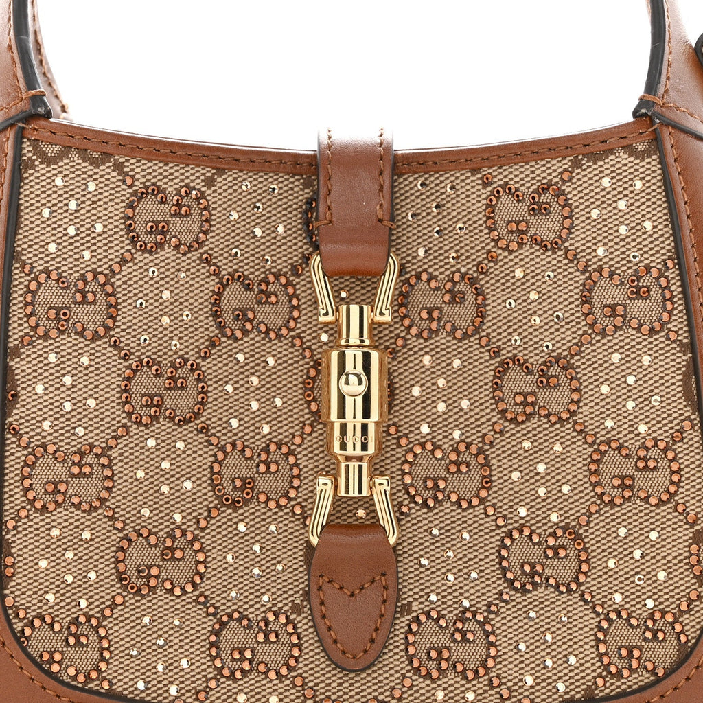 New Canvas Charisma Calfskin Crystal GG Monogram Mini Jackie 1961 Hobo Camel Ebony