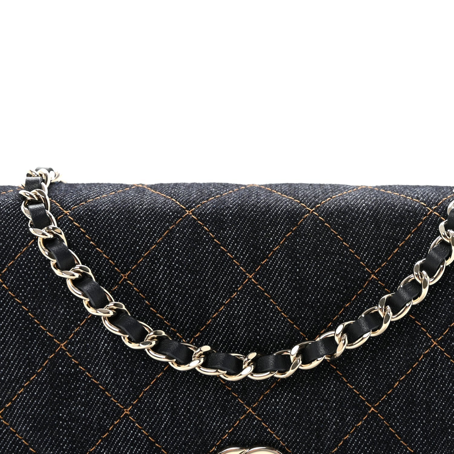 Denim Quilted CC Turnlock Wallet On Chain WOC Dark Blue Orange