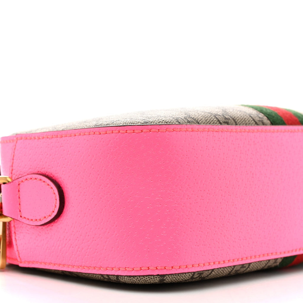 GG Supreme Monogram Textured Dollar Calfskin Web Ophidia Small Crossbody Bag Beige Ebony Fuchsia