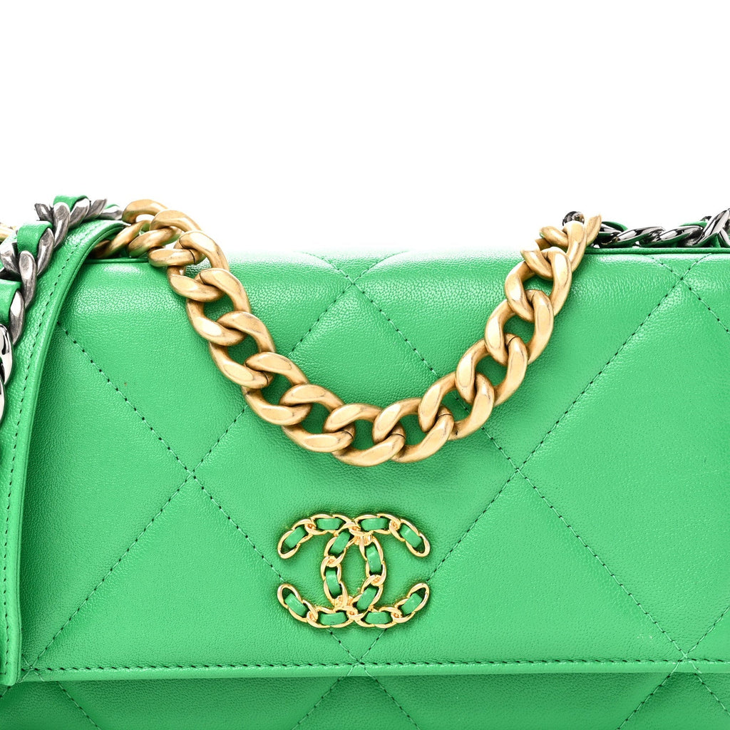 Shiny Goatskin Quilted Chanel 19 Wallet On Chain WOC Green