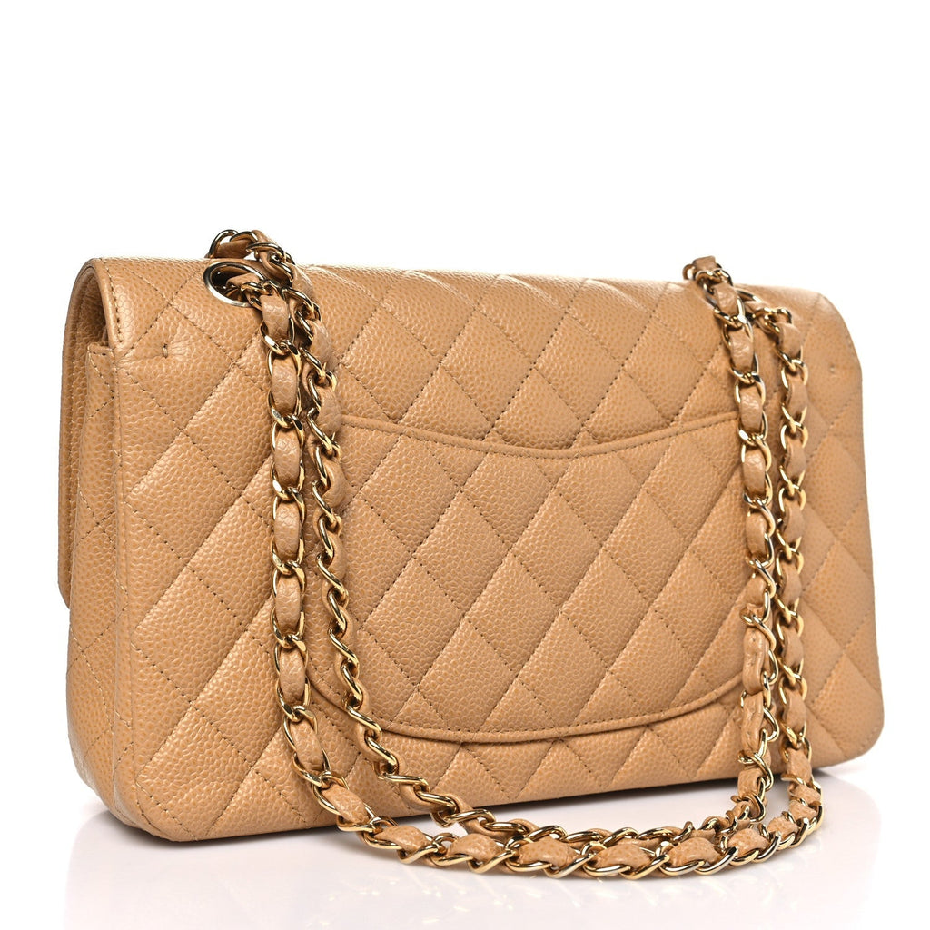 Caviar Quilted Medium Double Flap Beige